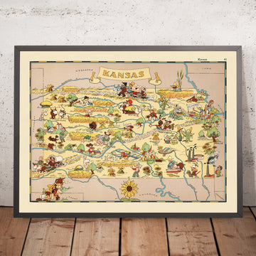 Mappa Pittorica del Kansas di Ruth Taylor White, 1935: Wichita, Kansas City, Topeka, Ferrovie, Girasoli 