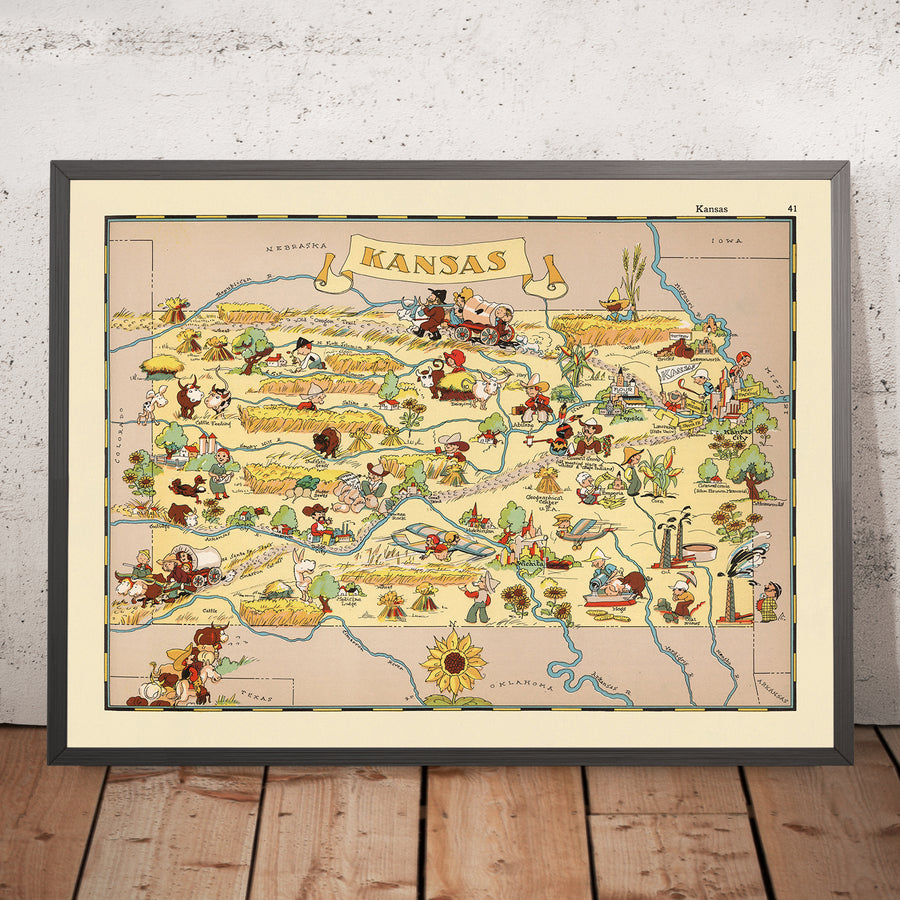 Mappa Pittorica del Kansas di Ruth Taylor White, 1935: Wichita, Kansas City, Topeka, Ferrovie, Girasoli 