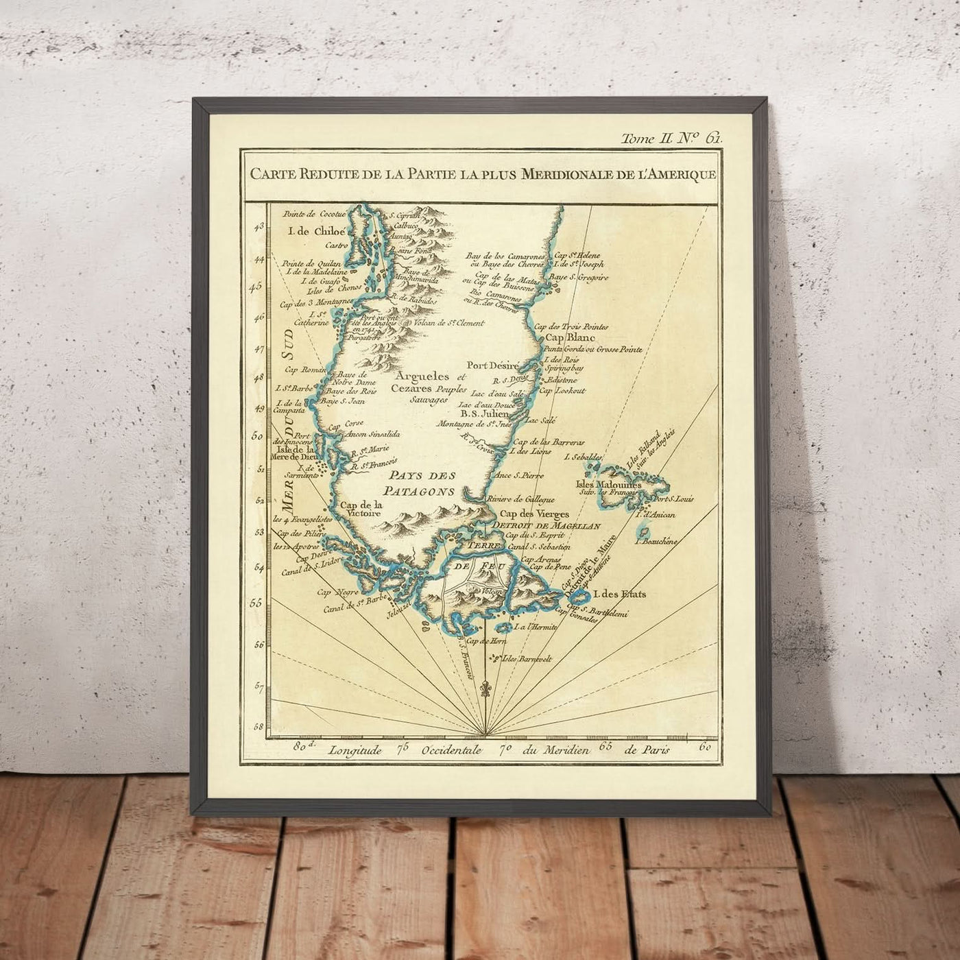 Carte ancienne de la Patagonie et du détroit de Magellan par Bellin, 1764 : Détroits, Patagonie, Andes, Cap Horn, Malouines