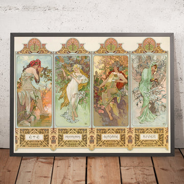 A framed image of The Seasons by Alphonse Mucha, 1896