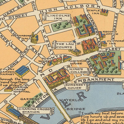 Antiguo mapa ilustrado de Londres por Bullock, 1938: Torre de Londres, San Pablo, Westminster, Hyde Park, Támesis.