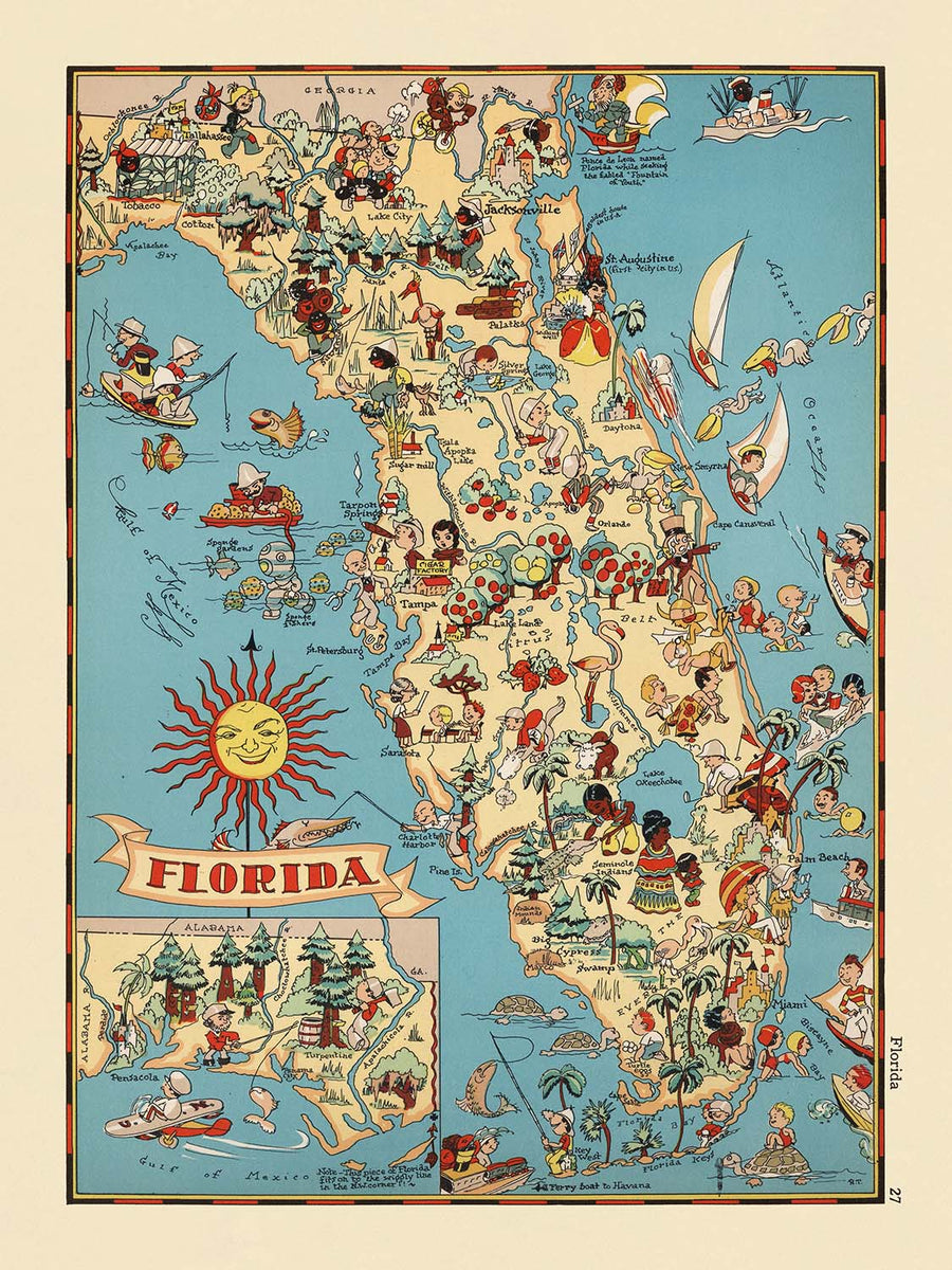 Mappa Pittorica della Florida di Ruth Taylor White, 1935: Everglades, Miami, Orlando, Keys, Frutteti di Agrumi 