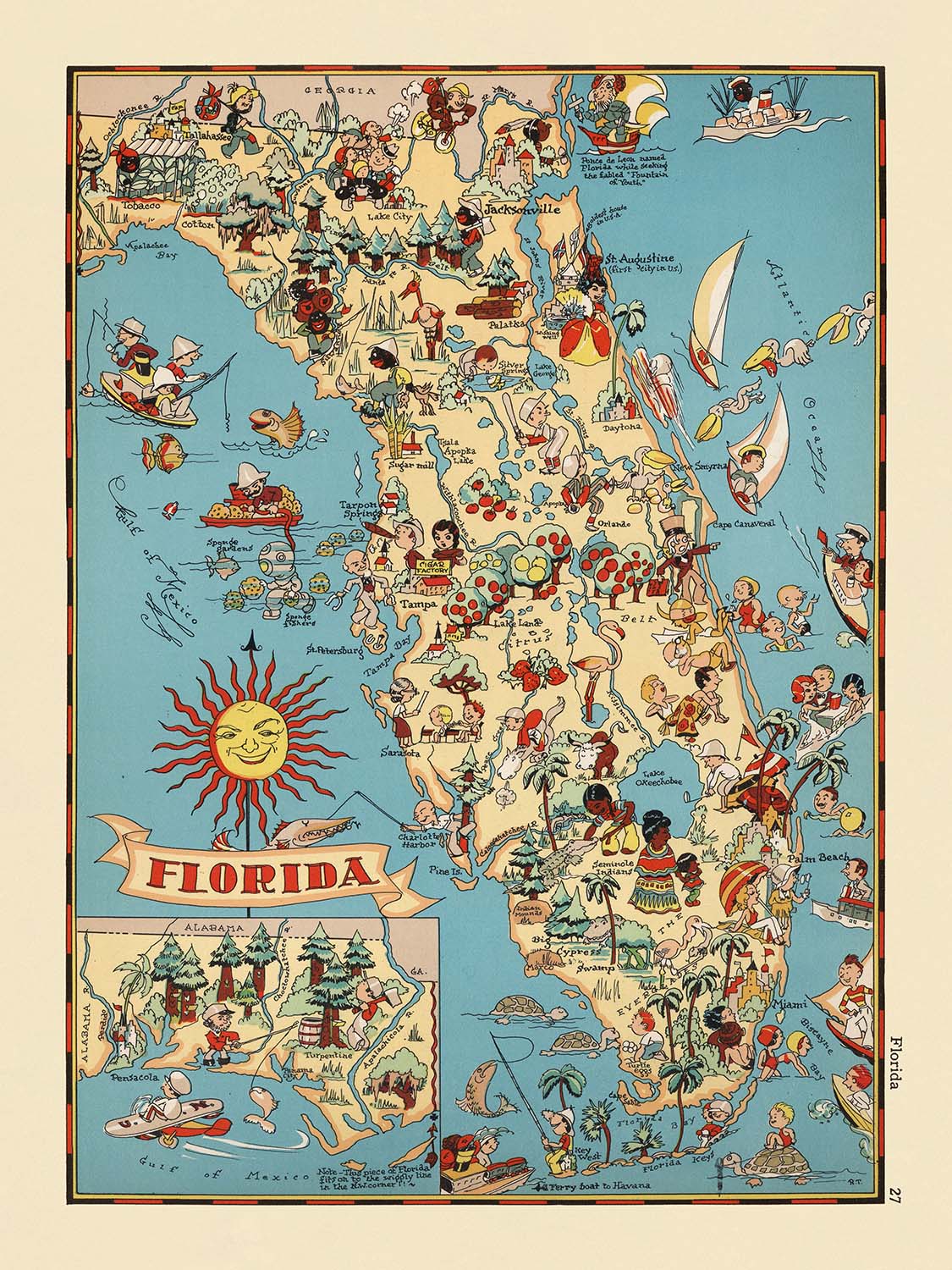 Pictorial Map of Florida by Ruth Taylor White, 1935: Everglades, Miami, Orlando, Keys, Citrus Groves