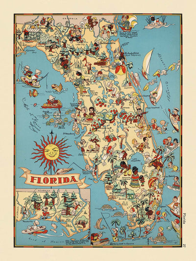Pictorial Map of Florida by Ruth Taylor White, 1935: Everglades, Miami, Orlando, Keys, Citrus Groves