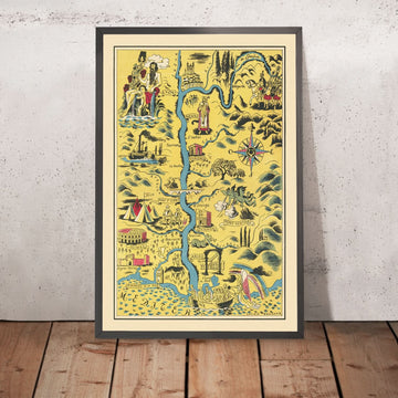 Ancienne carte picturale du fleuve Rhône par Boucher, 1938 : Lyon, Nîmes, Avignon, Mont-Ventoux, points d&