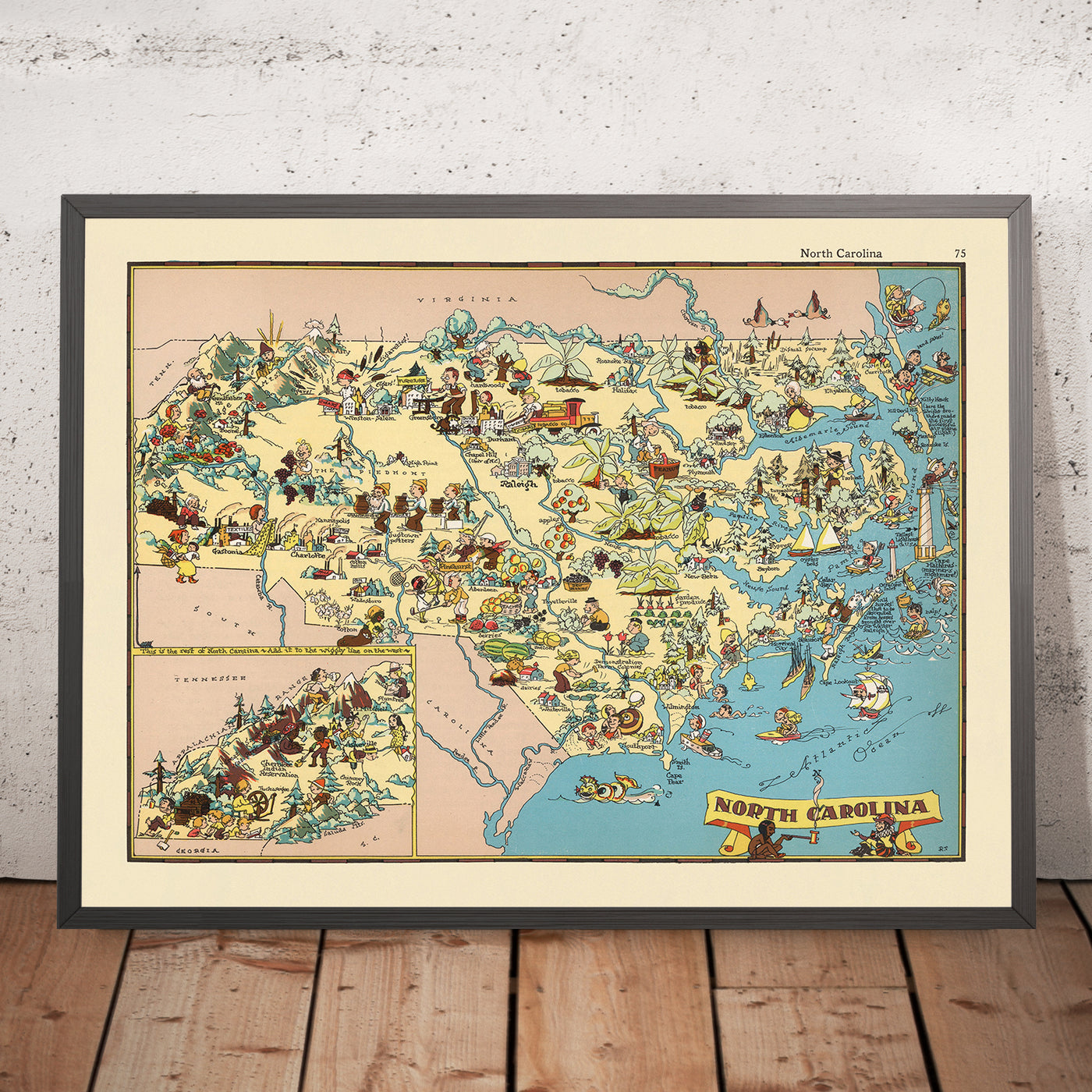 Old Pictorial Map of North Carolina by Ruth Taylor White, 1935: Charlotte, Raleigh, Appalachian Mountains, Outer Banks, Textile Mills
