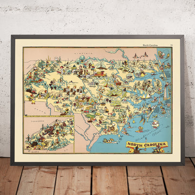 Old Pictorial Map of North Carolina by Ruth Taylor White, 1935: Charlotte, Raleigh, Appalachian Mountains, Outer Banks, Textile Mills