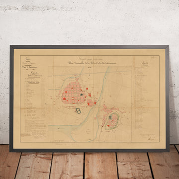 Antiguo mapa militar y de calles de Carcasona de Viollet-le-Duc, 1854: Fortificaciones de la Cité, Castillo, Basílica 