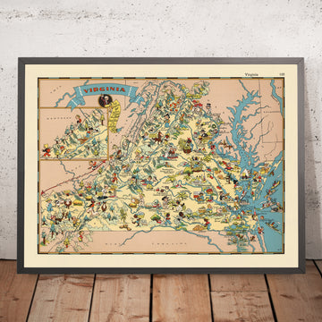 Mapa pictórico de Virginia de Ruth Taylor White, 1935: Richmond, Norfolk, bahía de Chesapeake, Montañas Blue Ridge, Jamestown 