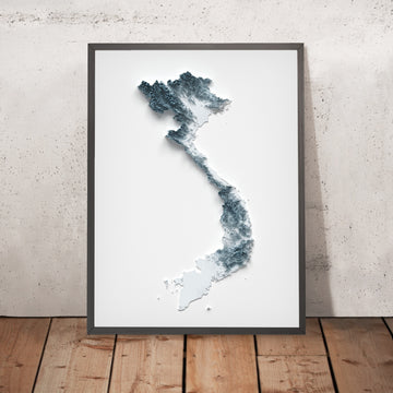 Ein gerahmtes Bild einer topografischen Reliefkarte von Vietnam im 3D-Stil 
