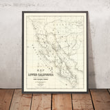 Carte ancienne de la péninsule de Basse-Californie, Mexique, par Browne, 1868 : Ensenada, La Paz, San Felipe, San Quintin, mer de Cortés 