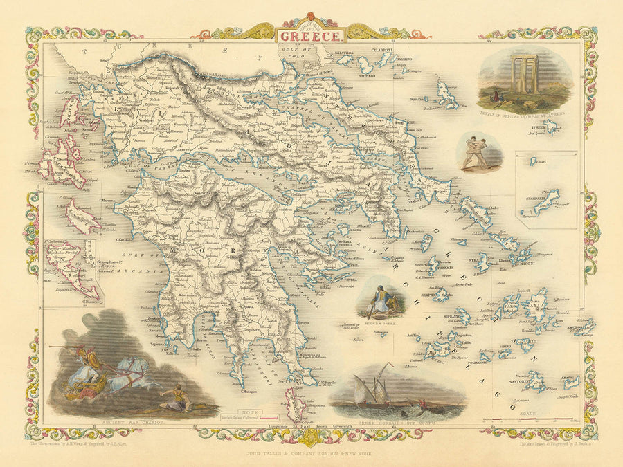 Vecchia mappa della Grecia e delle Isole Ioniche di Tallis, 1851: Atene, Monte Olimpo, Tempio di Giove, Egeo 