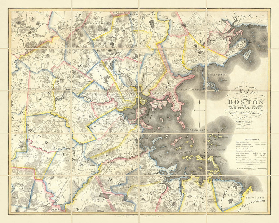 Prima grande mappa antica della Grande Boston di Hales, 1819: Cambridge, Salem, Harvard, Boston Sound 
