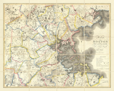 First Large Old Map of Greater Boston by Hales, 1819: Cambridge, Salem, Harvard, Boston Sound