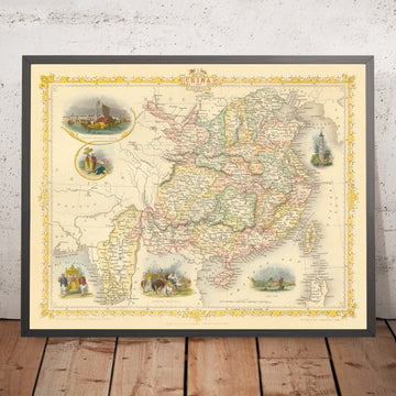Antica mappa della Cina e del Burma di Tallis, 1851: Taiwan, Myanmar, Hong Kong, Grande Muraglia, Canton, Yangtze, Lhasa 