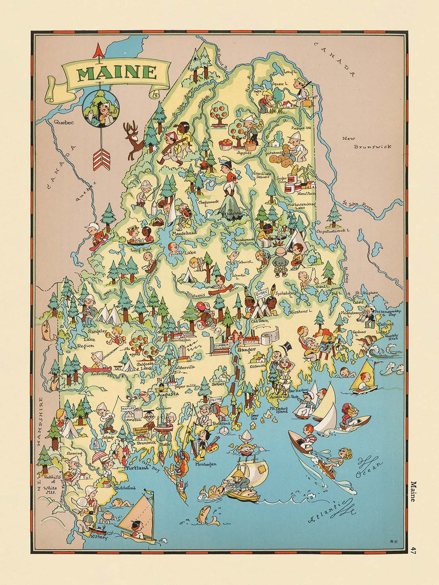 Mappa Pittorica del Maine di Ruth Taylor White, 1935: Portland, Bangor, Legname, Pesca di Aragoste, Katahdin 