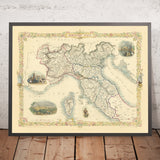 Old Map of Northern Italy by Tallis, 1851: Venice, Alps, St Peter's Basilica, Lake Garda