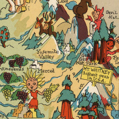 Pictorial Map of California by Ruth Taylor White, 1935: Los Angeles, San Francisco, Yosemite, Sierra Nevada, Hollywood