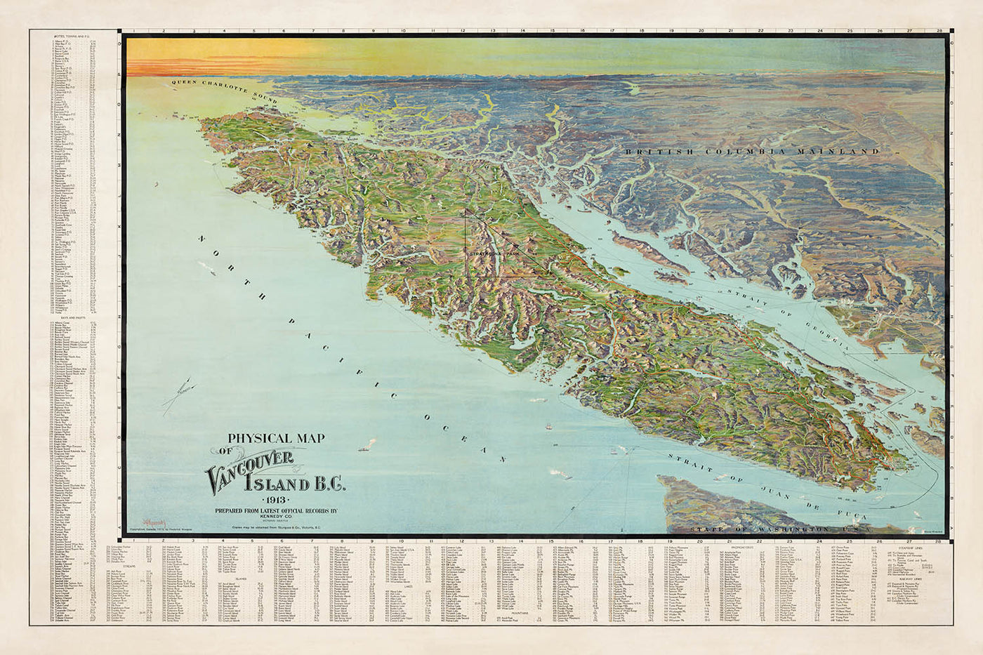 Old Pictorial Map of Vancouver Island by Kennedy, 1913: Victoria, Railways, Steamship Routes, Logging, Alberni