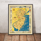 Antica mappa illustrata del New Jersey di Des Rosiers 1939: Washington Crossing, Trenton-Princeton, Morristown, Monmouth, Canale D&R 
