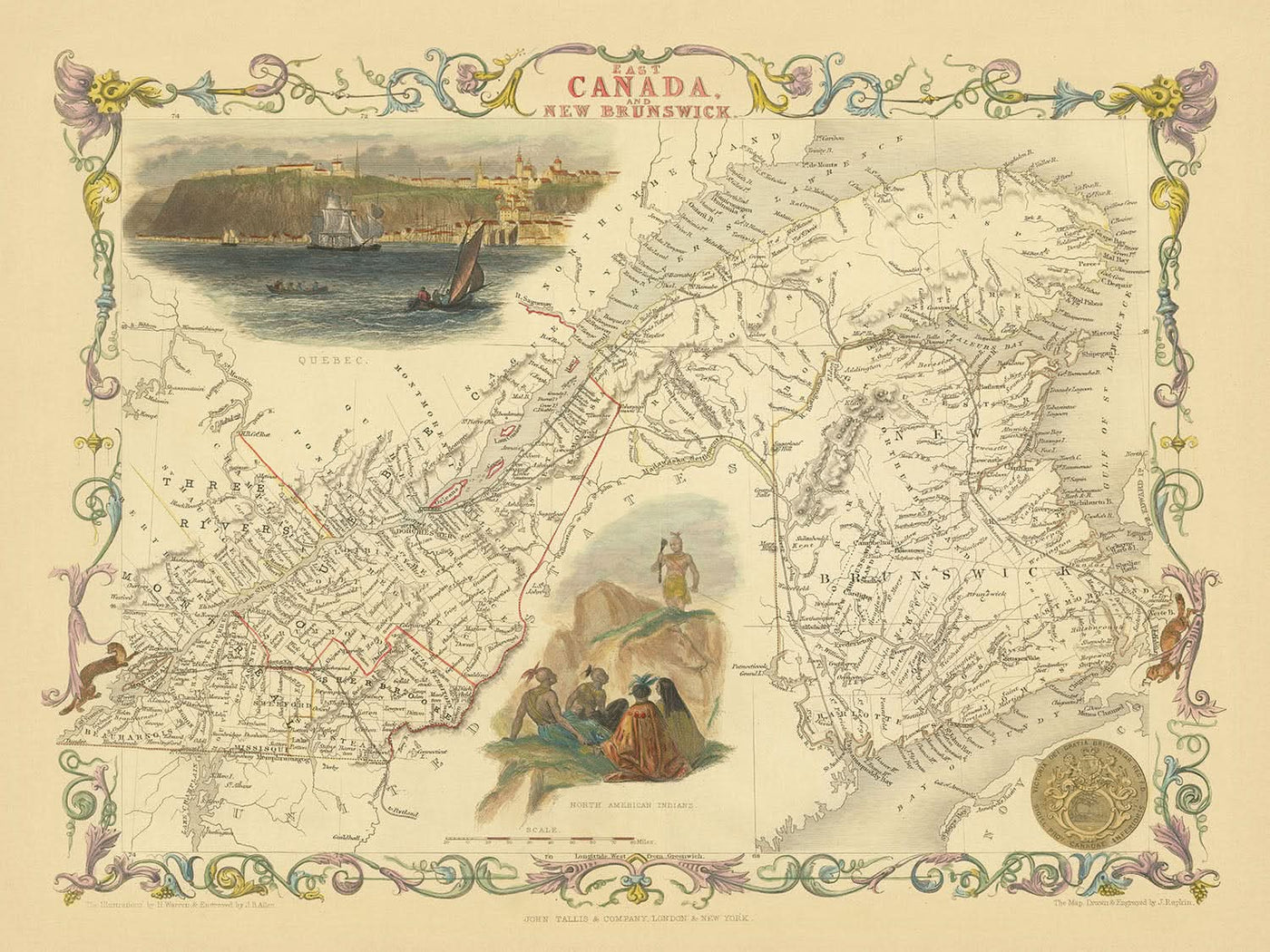 Mapa antiguo decorativo de Canadá, realizado por Tallis en 1851: Montreal, ciudad de Quebec, río San Lorenzo, montes Apalaches y viñetas