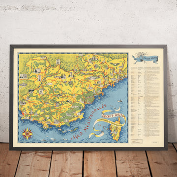 Mapa antiguo de la Costa Azul (Riviera Francesa) de Flornoy Jean, 1950: Niza, Cannes, Mónaco, Antibes, Saint-Tropez 