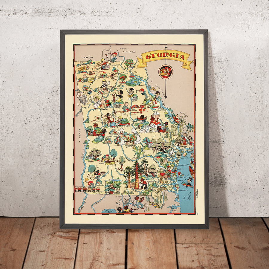 Mappa Pittorica della Georgia di Ruth Taylor White, 1935: Atlanta, Savannah, Augusta, Macon, Battelli Fluviali 