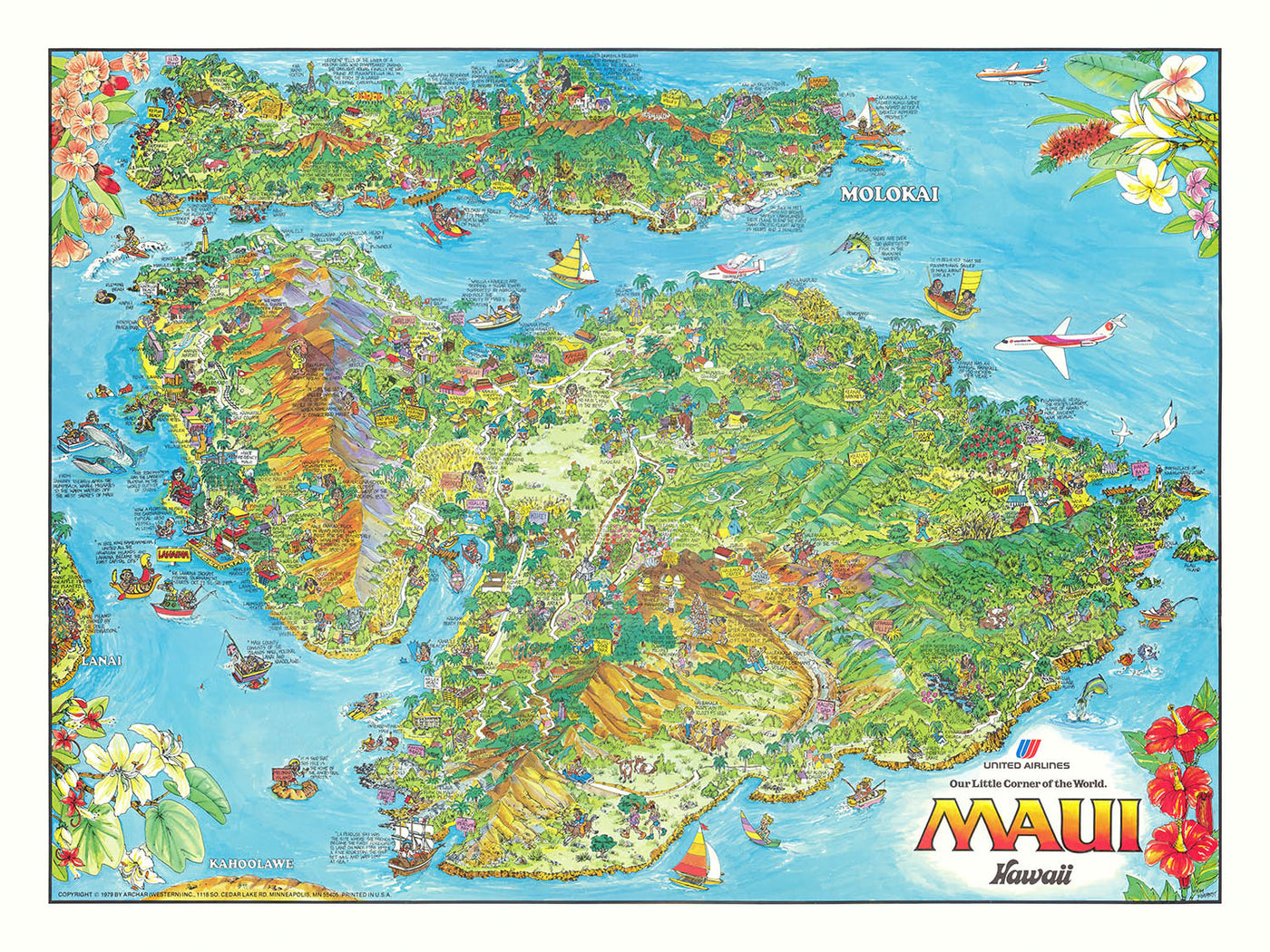 Old Pictorial Map of Hawaii by Forrest, 1979: Kahului, Haleakalā, Lahaina, Iao Valley, Molokini