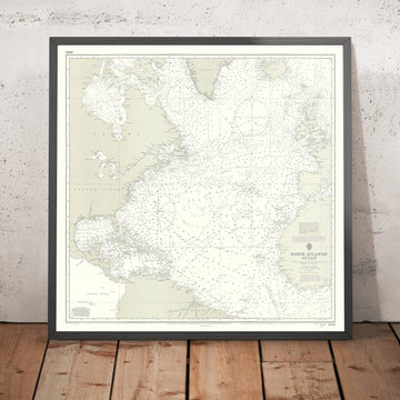 Antigua carta náutica del océano Atlántico Norte, 1883: brazas; rutas y corrientes; Groenlandia-Bermudas-Azores 