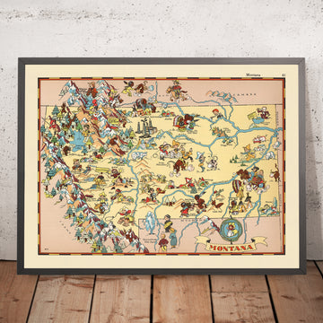 Pictorial Map of Montana by Ruth Taylor White, 1935: Billings, Missoula, Yellowstone & Glacier National Parks, Rocky Mountains, Missouri River