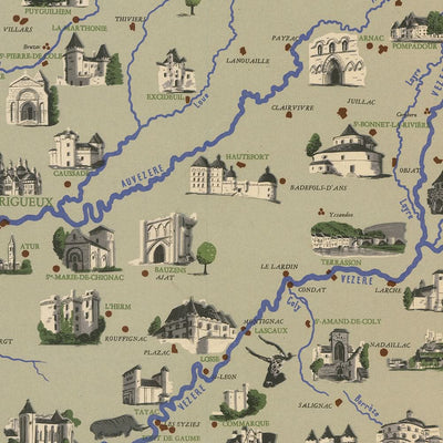 Mapa antiguo ilustrado de Dordoña realizado por Moles en 1948: Burdeos, río Dordoña, Tours, lugares de interés, ruinas