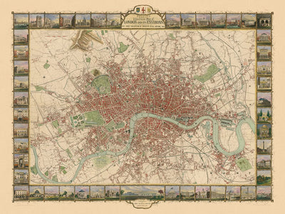 Seltene alte illustrierte Karte von London von Tallis, 1851 mit 50 Stadtansichten 