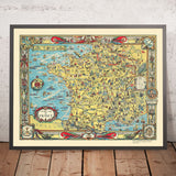 Old Historical Map of France, 1936: Stories, Battles, Landmarks, Famous People