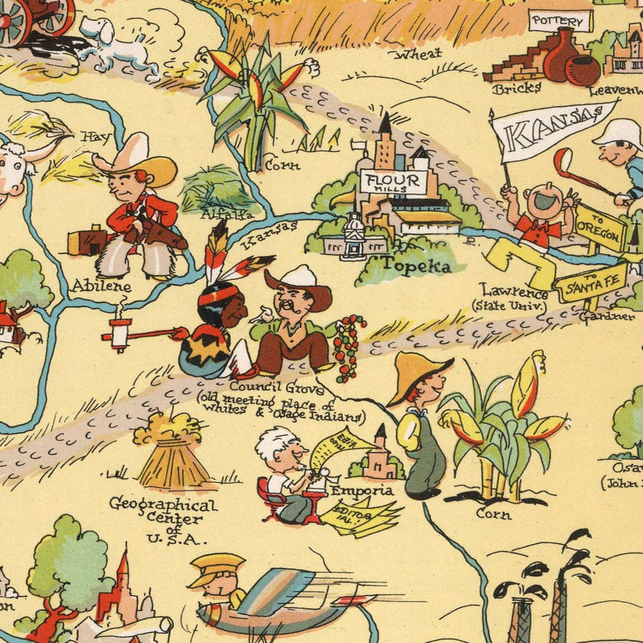 Mappa Pittorica del Kansas di Ruth Taylor White, 1935: Wichita, Kansas City, Topeka, Ferrovie, Girasoli 