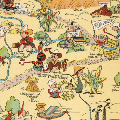 Pictorial Map of Kansas by Ruth Taylor White, 1935: Wichita, Kansas City, Topeka, Railroads, Sunflowers
