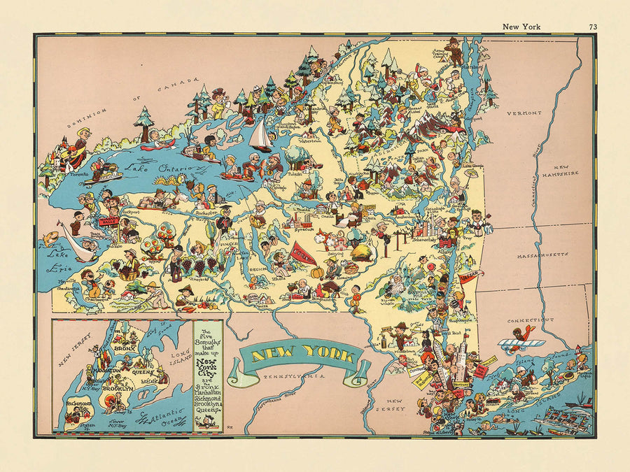 Mappa Pittorica di New York di Ruth Taylor White, 1935: NYC, Cascate del Niagara, Adirondacks, Canale Erie, Fiume Hudson 