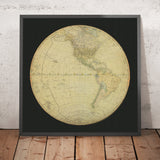 Ancienne carte de la Terre plate des Amériques par Peary, 1905 : globe plat, routes maritimes, fuseaux horaires 