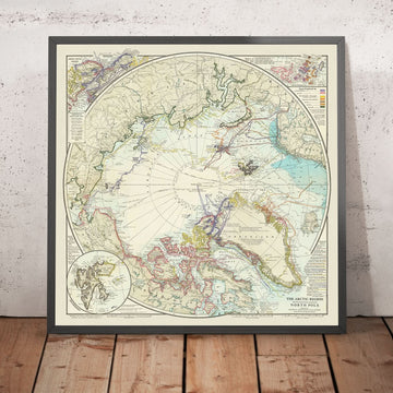 Alte Karte der Nordpol-Exploration, 1910: Pearys Route, Arktische Reisen 