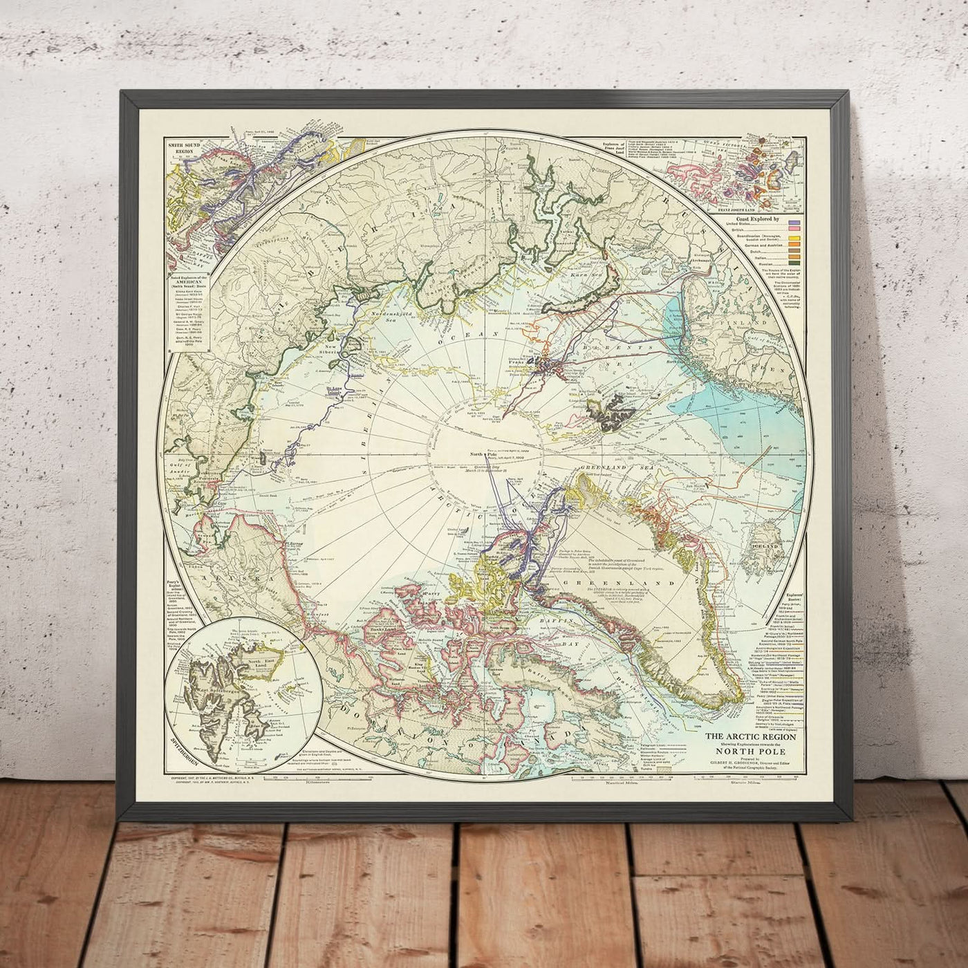 Mapa antiguo de la exploración del Polo Norte, 1910: Ruta de Peary, viajes al Ártico, Groenlandia, Spitzbergen, Siberia