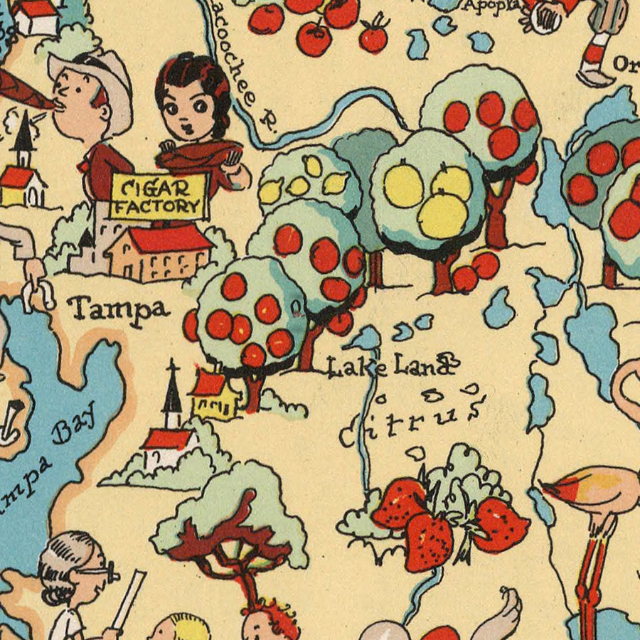 Mappa Pittorica della Florida di Ruth Taylor White, 1935: Everglades, Miami, Orlando, Keys, Frutteti di Agrumi 