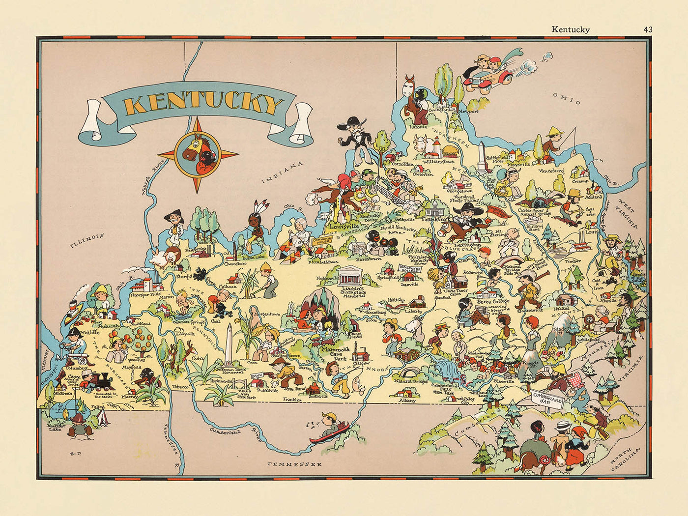 Pictorial Map of Kentucky by Ruth Taylor White, 1935: Louisville, Lexington, Horse Racing, Bourbon, Appalachians
