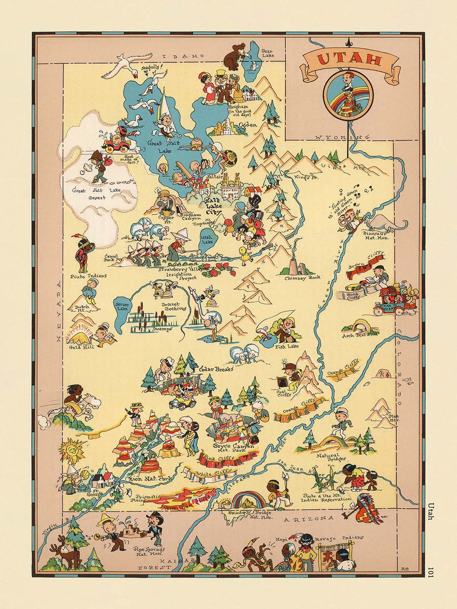 Mappa pittorica dello Utah di Ruth Taylor White, 1935: Salt Lake City, Zion, Arches, Grande Lago Salato, Monti Wasatch 