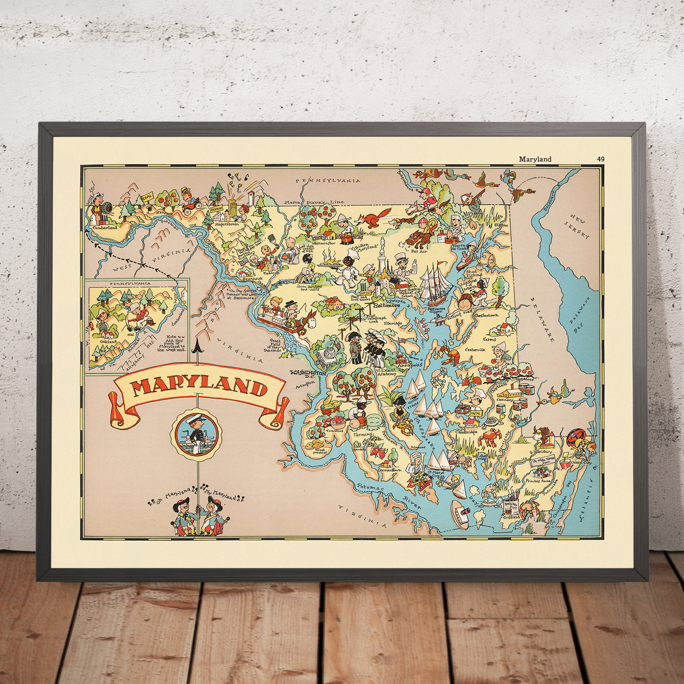 Pictorial Map of Maryland by Ruth Taylor White, 1935: Baltimore, Annapolis, Chesapeake Bay, Potomac River, Appalachian Mountains