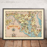 Pictorial Map of Maryland by Ruth Taylor White, 1935: Baltimore, Annapolis, Chesapeake Bay, Potomac River, Appalachian Mountains