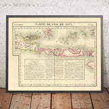 Mapa antiguo de Bali, Lombok, Komodo, Sumbawa y parte de Java por Delavault, 1827: Surabaya, Denpasar 