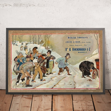 A framed image of Distillerie Limbourgeoise Vintage Advertising Poster by Eugène Burnand, 1906