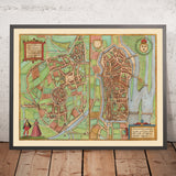 Alte Karte von Autun & Nevers von Braun & Hogenberg, 1581: Stadtmauern, Kathedralen, Herzogspalast, Loire- und Arroux-Flüsse, Brücken 