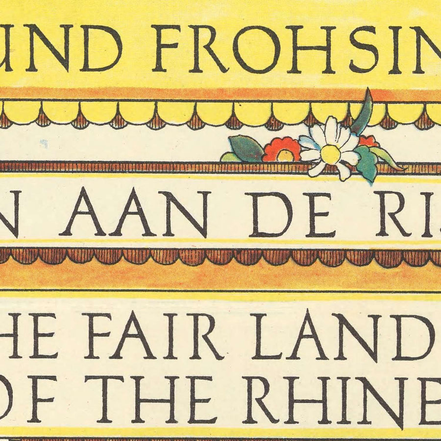 Vecchia mappa pittorica della Germania di Faller, 1950: Bacino del fiume Reno, Castelli, Colonia, Düsseldorf 