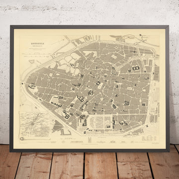 Ancienne carte de Bruxelles par SDUK, 1837 : Grand-Place, Palais royal, Parlement, cathédrale Sainte-Gudule, ceinture des canaux 