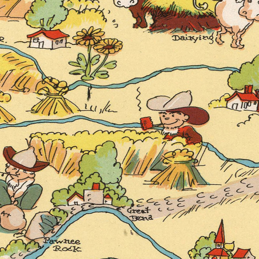 Mappa Pittorica del Kansas di Ruth Taylor White, 1935: Wichita, Kansas City, Topeka, Ferrovie, Girasoli 